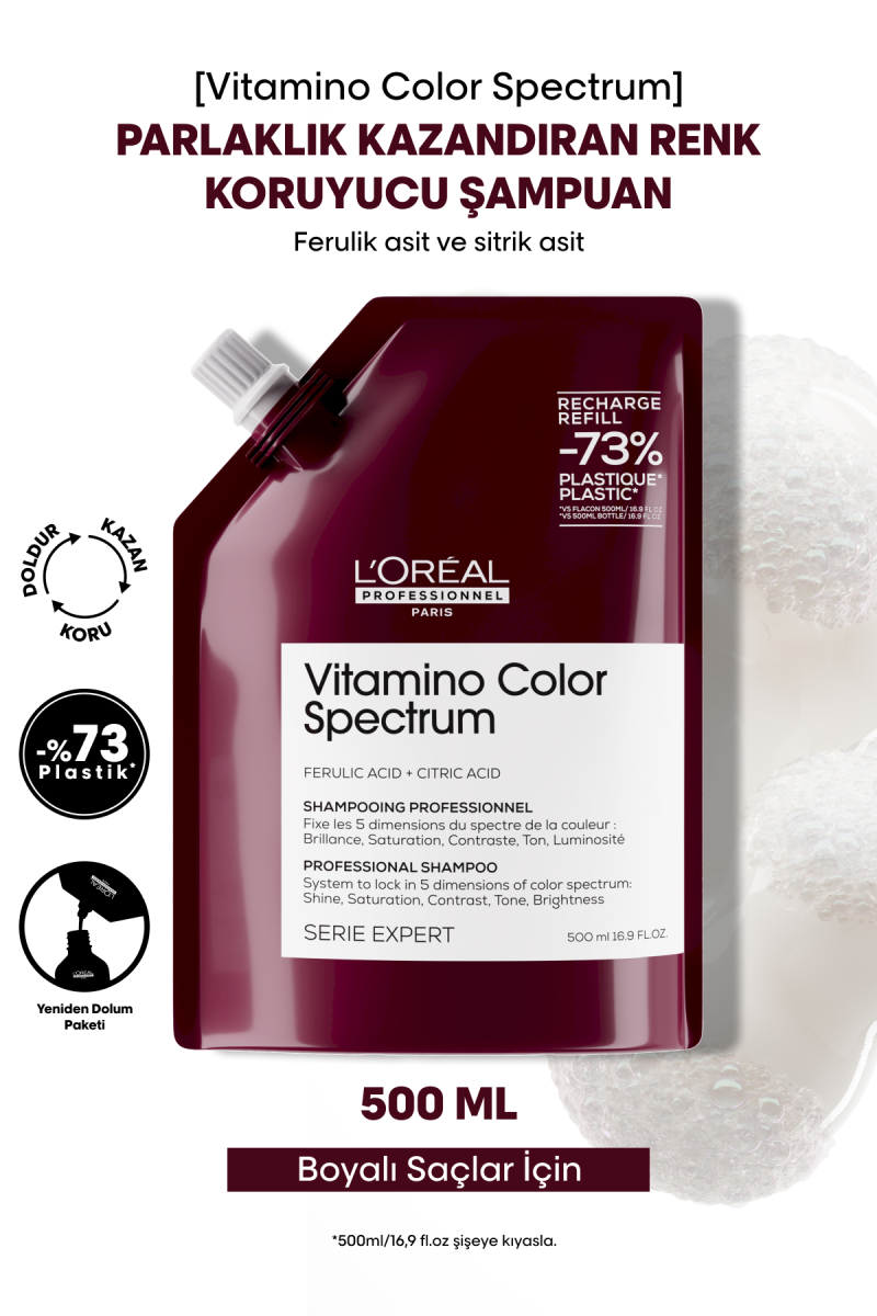 Vitamino Color Spectrum Boyalı Saçlar İçin Parlaklık Kazandıran Renk Koruyucu Refill Şampuan  500 ml