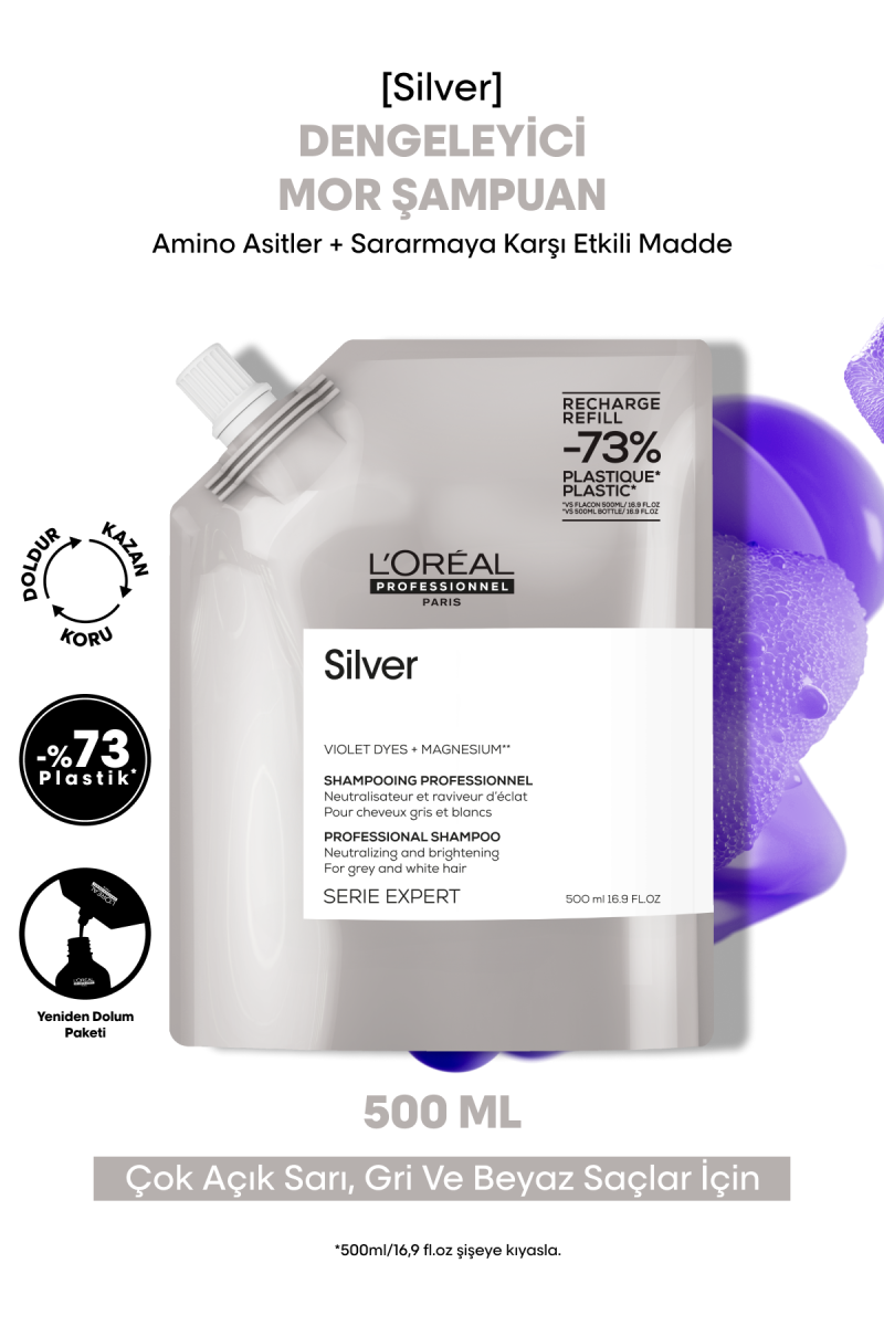 Serie Expert Silver Çok Açık Sarı, Gri Ve Beyaz Saçlar Için Renk Dengeleyici Mor Refill Şampuanı